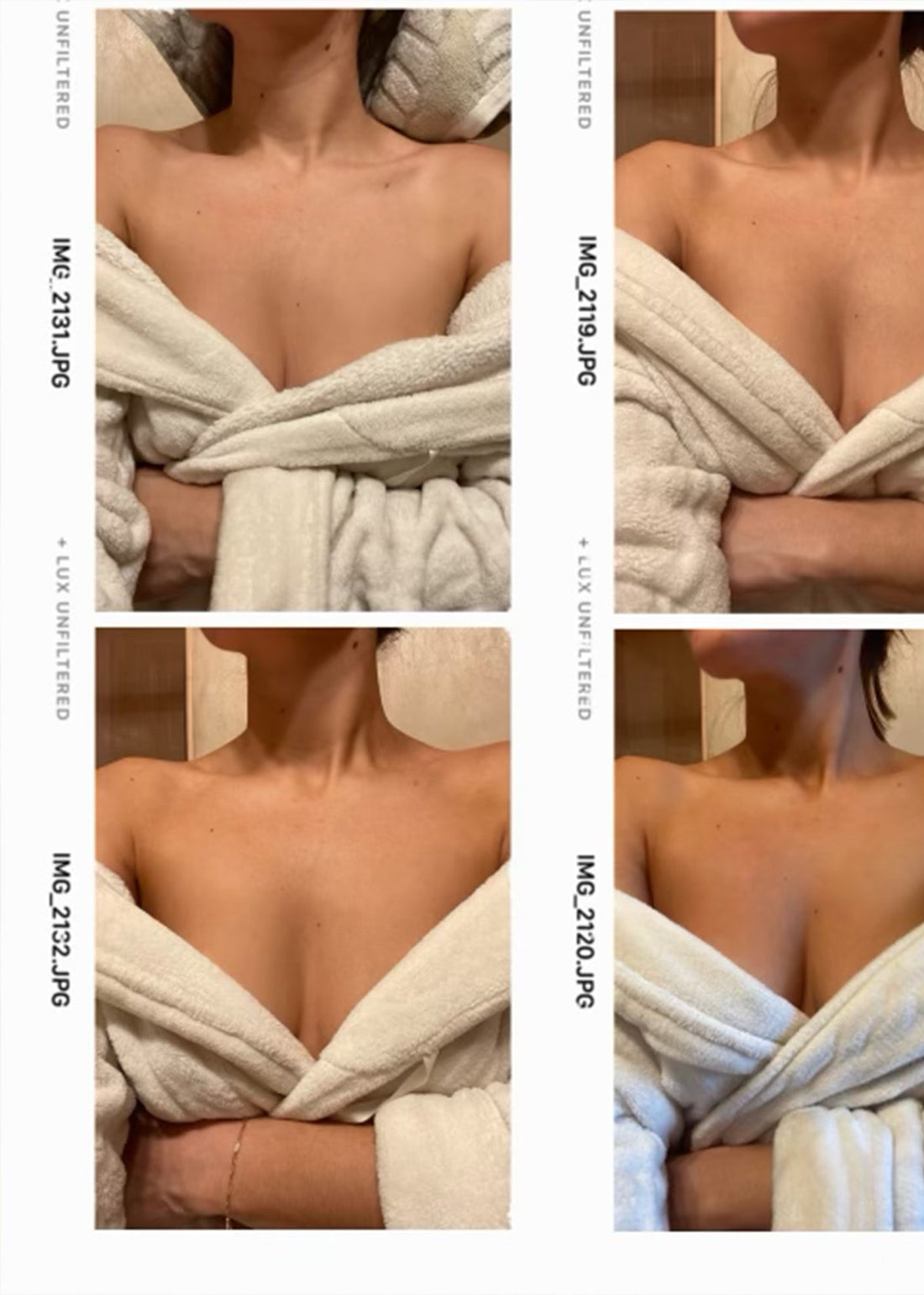 Woman showing tanned chest and neck in white robe, collage highlighting an even sunless tan with LUX Unfiltered branding