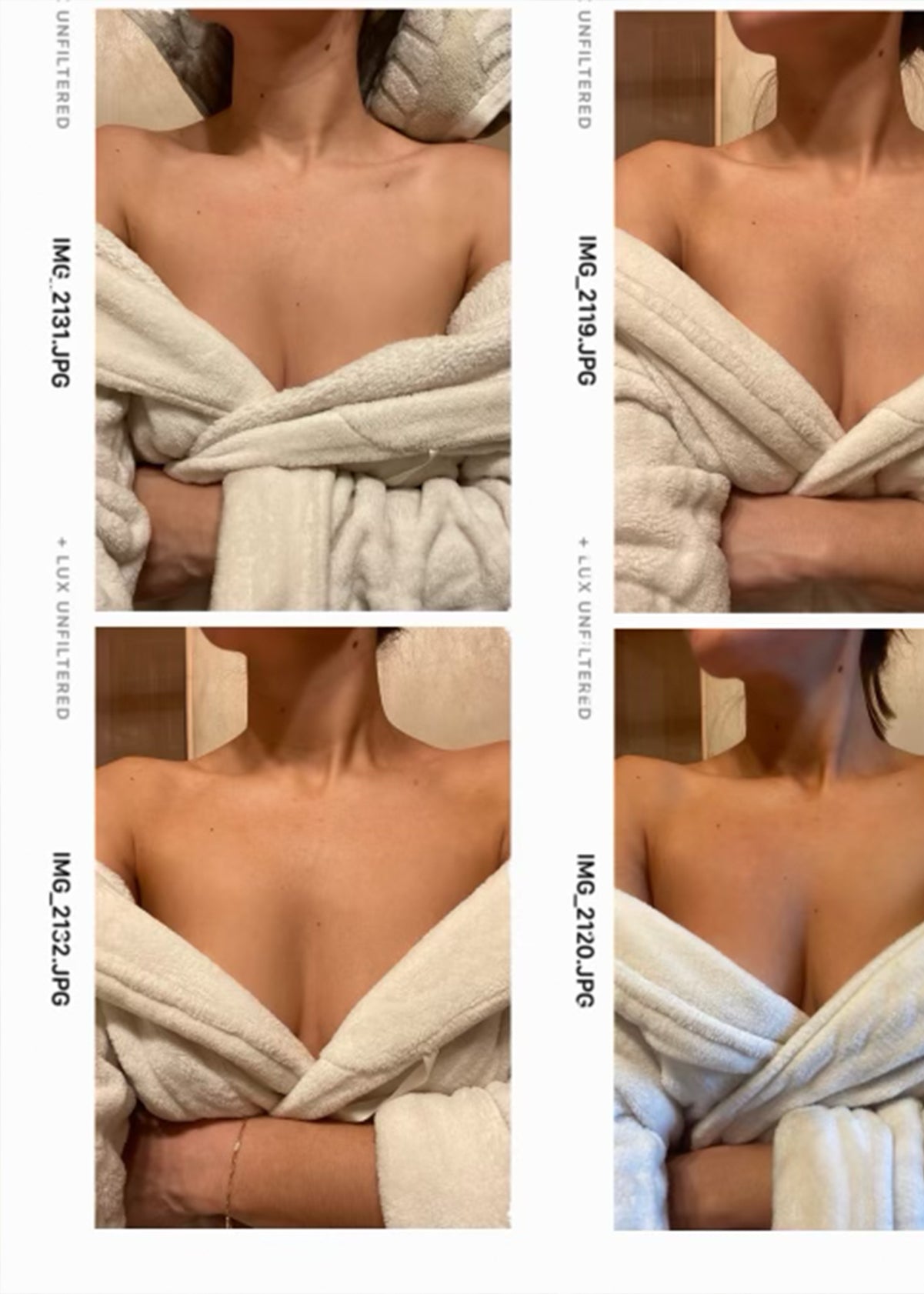 Collage of a woman's tanned chest and neck in a white bathrobe; text: UNFILTERED IMG_2131.JPG IMG_2119.JPG IMG_2132.JPG IMG_2120.JPG + LUX UNFILTERED