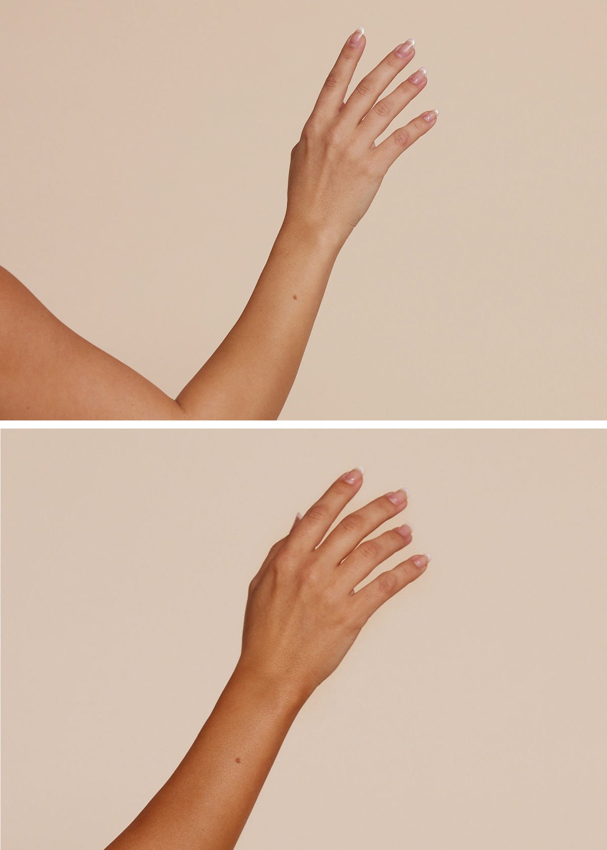 Two close-up views of a hand displaying a French manicure against a beige background