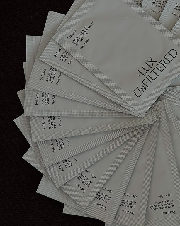 Top view of Iced Latte cooling eye mask packets showcasing multiple under eye patches arranged on a dark background