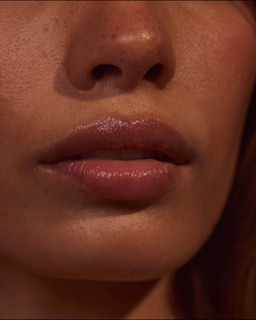 Close-up of a person's lower face showing nose, glossy slightly parted lips, and skin texture in warm lighting.