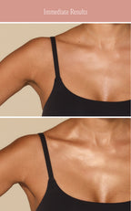 Immediate Results - close-up of shoulder and collarbone showing shimmer after applying Golden Era Blurring Body Glow on warm beige background