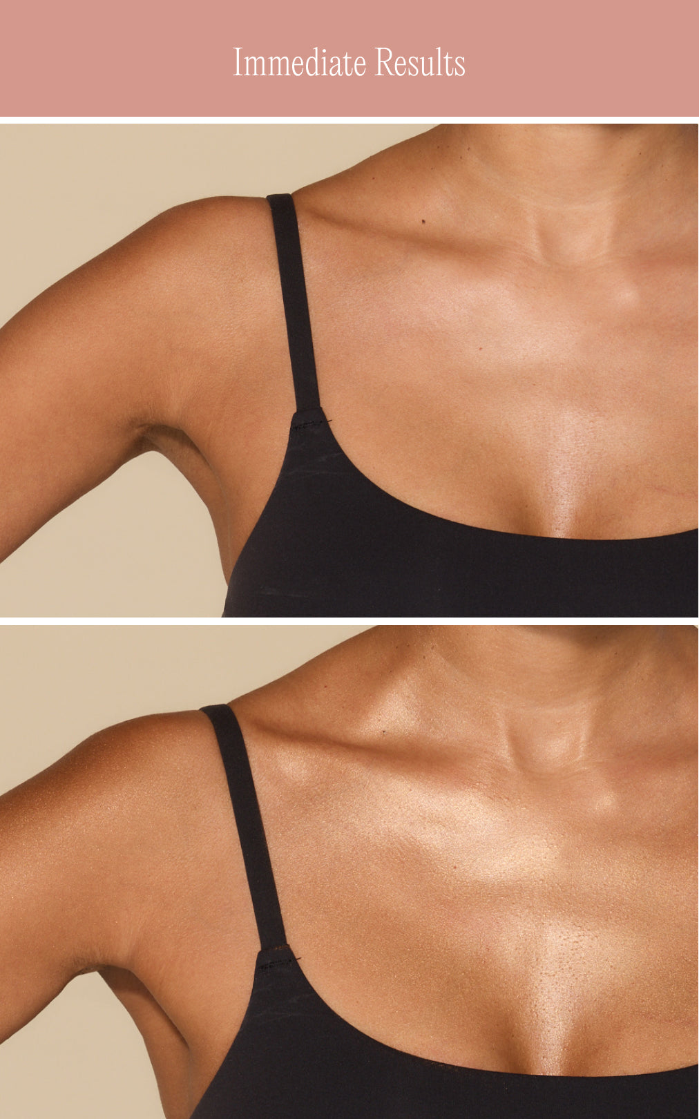 Immediate Results - close-up of shoulder and collarbone showing shimmer after applying Golden Era Blurring Body Glow on warm beige background
