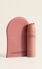 Front view of Summer Nights Skin Tint tube with matching pink travel pouch on soft pink background