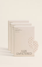 + LUX UnFILTERED stacked boxes labeled Iced Latte — COOLING EYE MASK MASQUE RAFRAICHISSANT POUR LES YEUX 10 Pairs, 10 Paires