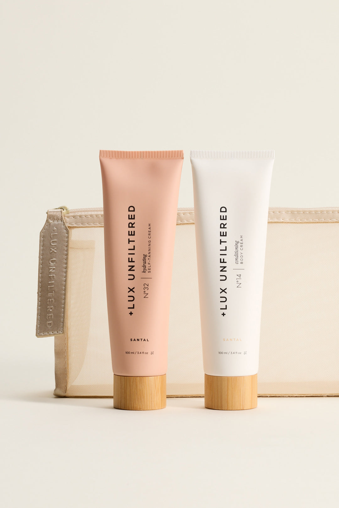 + LUX UNFILTERED; left N°32 hydrating SELF-TANNING CREAM; right N°14 conditioning BODY CREAM; SANTAL; 100 ml / 3.4 fl oz